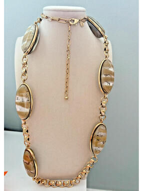 Chico's Huge Heavy Gold Foiled Acrylic Statement Bead Gold Tone Necklace 38"
